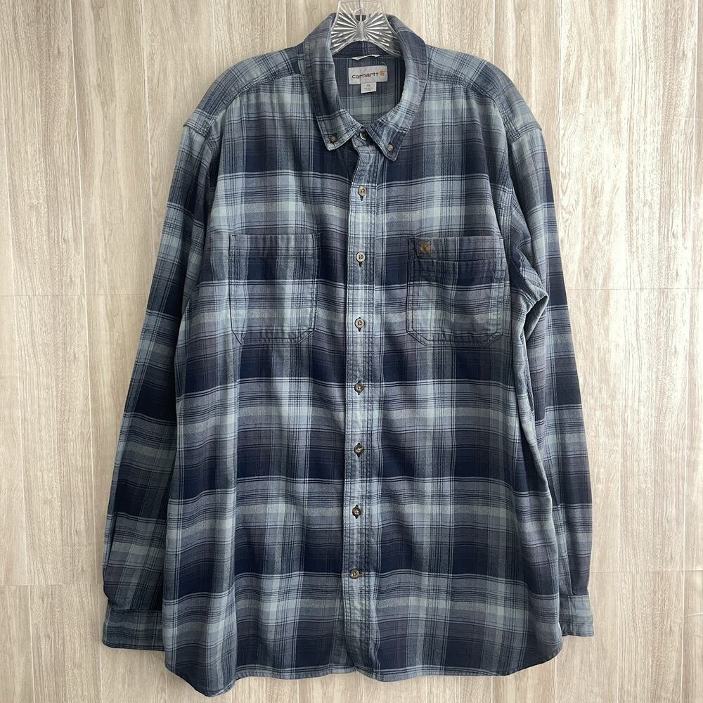 Carhartt Relaxed Fit Flannel Mens XL Tall Medium Weight Blue Plaid Long Sleeve